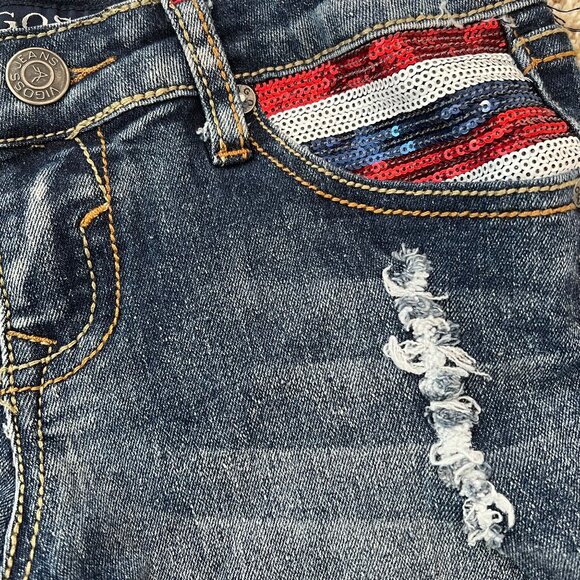 Vigoss Girls Adjustable Waist Jagger Shorts Size 12 Distressed Denim RWB Sequin - Picture 3 of 6